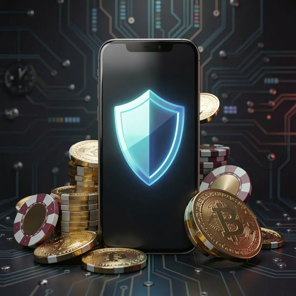 FU99 secure mobile casino app concept showing a smartphone with a glowing shield icon surrounded by golden coins and chips against a dark luxury cyber background in a realistic 3D render