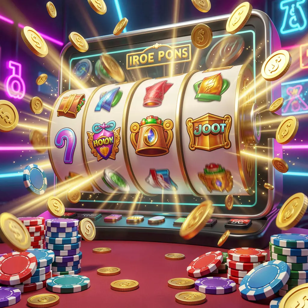 FU99 online casino free spins bonus concept featuring colorful slot machine reels spinning with golden light effects, coins flying around, jackpot symbols, and casino chips on a vibrant neon background