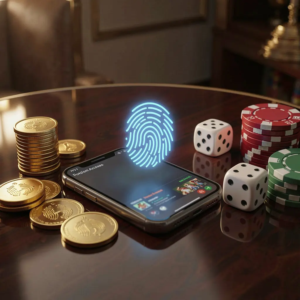 FU99 online gaming account access scene showing a smartphone with a glowing fingerprint icon, golden coins, dice, and poker chips on a glossy table under cinematic lighting