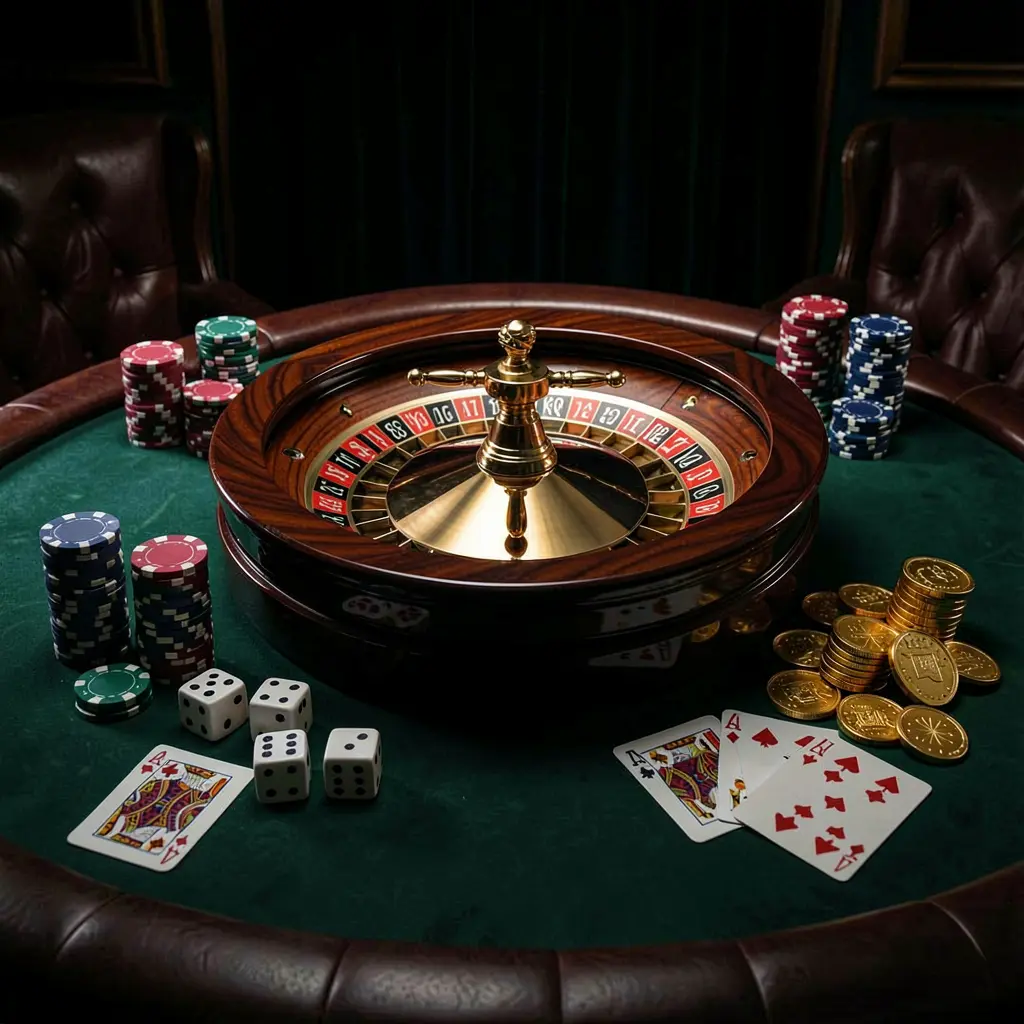 FU99 premium casino homepage scene featuring a roulette wheel spinning on a glossy table surrounded by poker chips, dice, cards, and golden coins against an elegant dark background with cinematic lighting